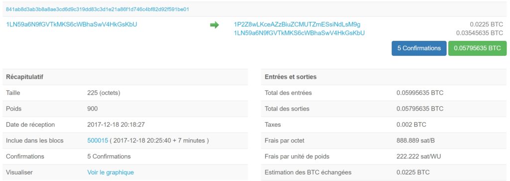 Exemple de transaction visible dans la blockchain